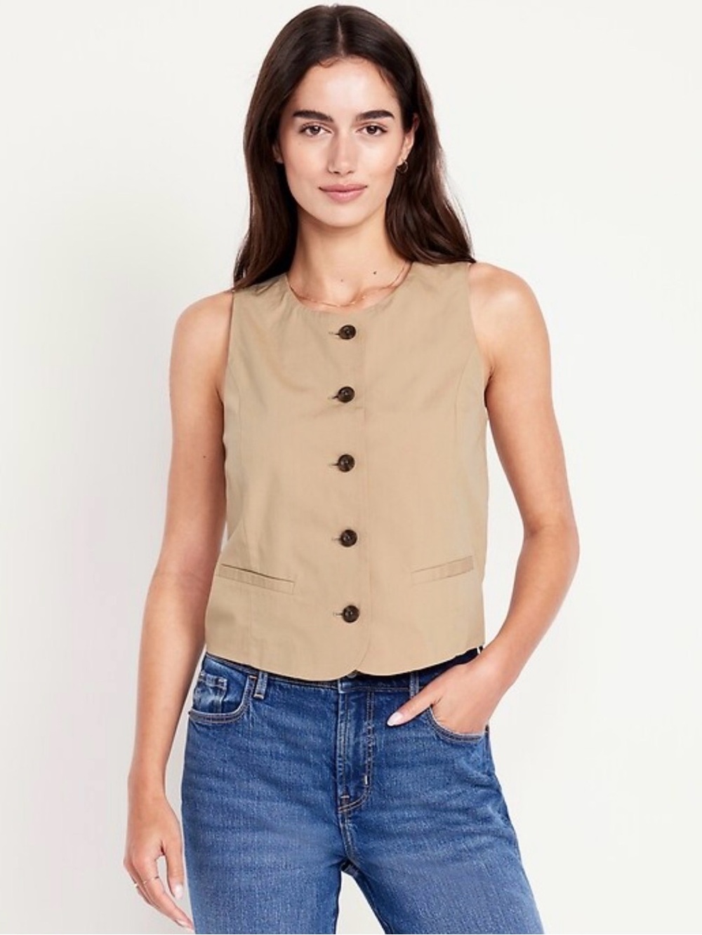 Old Navy Tan Button-Front Sleeveless Vest